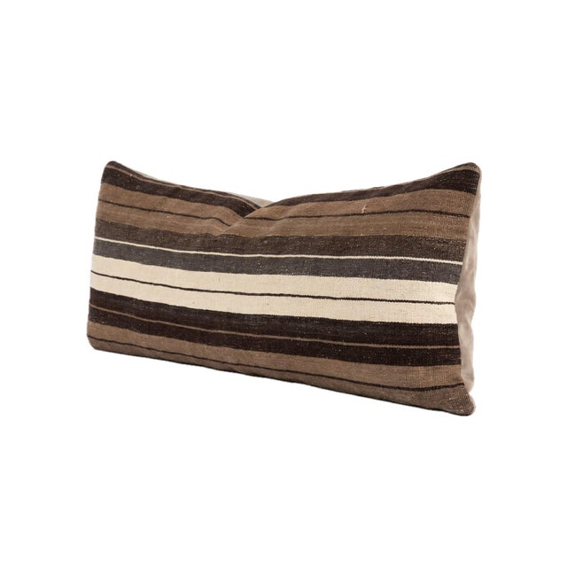 Mid-Century Modern Brown Striped Kilim Lumbar Pillow Cover 15'' X 43'' For Sale - Image 3 of 4