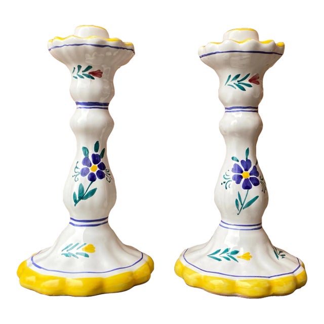 Vintage Late 20th Century Italian Hand Painted Candle Holders - a Pair For Sale