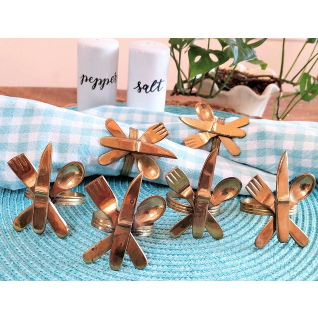 Metal Vintage Brass Napkin Rings With Utensils Set of Six Knife Spoon Fork For Sale - Image 7 of 8