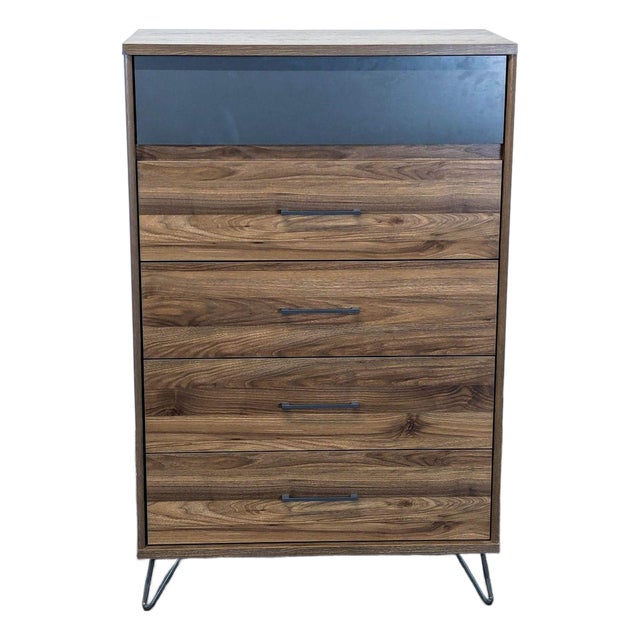 South Shore Olvyn Modern 5-Drawer Walnut Dresser With Gray Accent and Metal Legs For Sale