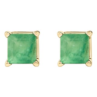 14K Yellow Gold 5x5MM Princess Cut Green Emerald Solitaire Stud Earrings For Sale