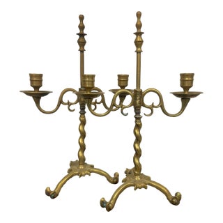 Pair of Brass Jacobean Style Barley Twist 2-Light Adjustable Candelabra For Sale