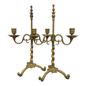 Pair of Brass Jacobean Style Barley Twist 2-Light Adjustable Candelabra