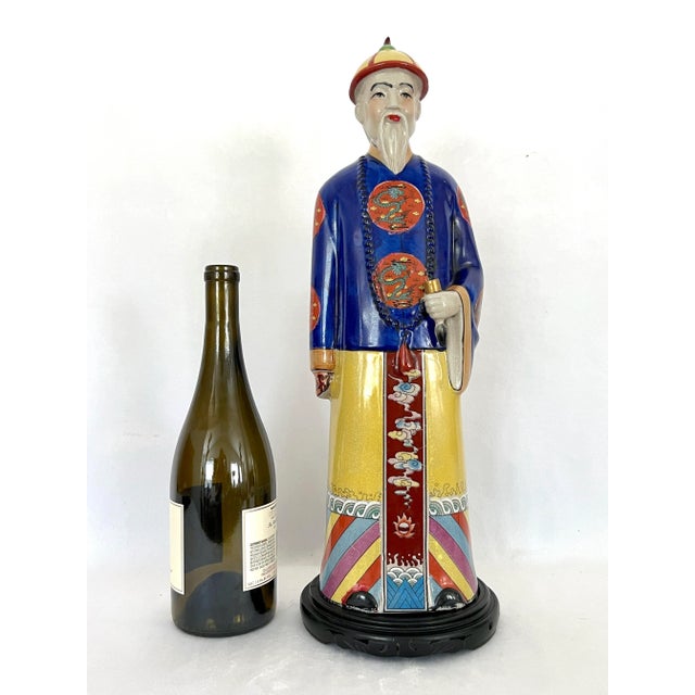 Large Vintage Chinese Republic Period Crackle Glazed Figure of a Qing Scholar of Calligraphy on Wood Stand For Sale In Tampa - Image 6 of 13