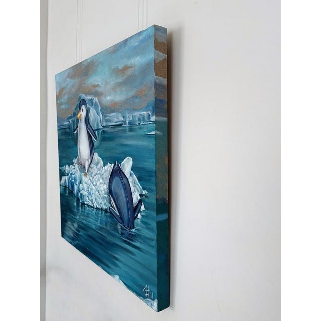 Contemporary Sofía Cristina Jiménez, Inflatable Emperor Penguin Chicks on a Small Iceberg Landscape, Acrylic Painting, 2023 For Sale - Image 3 of 11