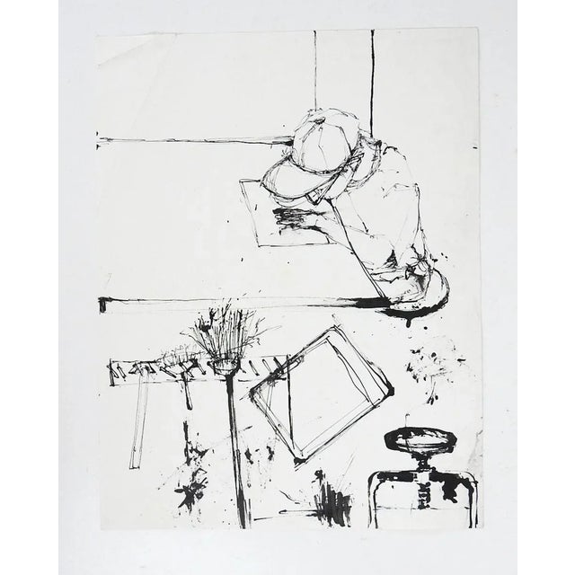 Late 20th century pen and ink on paper study of art studion with artist hard a work. Unsigned. Unframed, corner crease,...