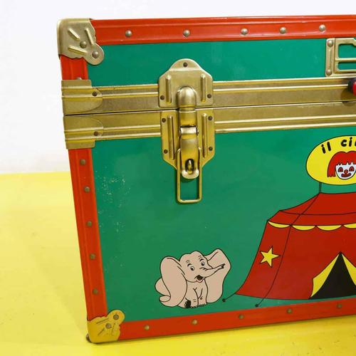 Metal Chest with Circus Decoration and Orange Edges For Sale - Image 3 of 8
