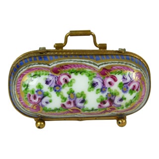 Limoges France Porcelain Suitcase Trinket Box | Hand Painted Floral Carpet Bag | Valise | Purse | Footed For Sale