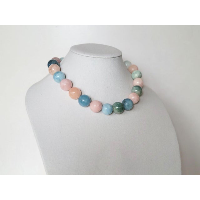 Aquamarine Morganite Beryl Beaded Necklace With Silver Clasp Porcelain Cameo Clasp For Sale In Cleveland - Image 6 of 11