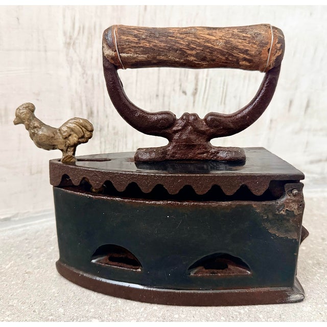 Wood Antique Cast Iron, Enamel Coated Charcoal Box Iron Featuring a Wooden Handle & a Distinctive Brass Rooster-Shaped Latch For Sale - Image 7 of 12