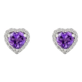 14k Solid Gold Purple Amethyst Diamond Heart Earrings- A Pair For Sale