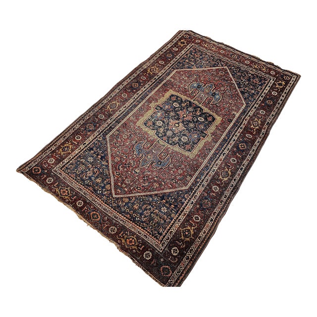 19th Century Persian Bidjar Rug, Handwoven Geometric Pattern, Burgundy & Blue, 5’ X 7’ For Sale