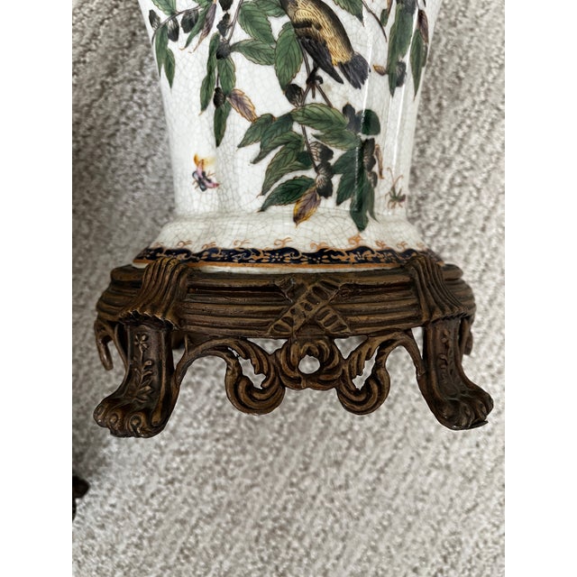 Pair of Fine Porcelain and Bronze Vases With Bird and Insect Motiff For Sale In Madison - Image 6 of 9