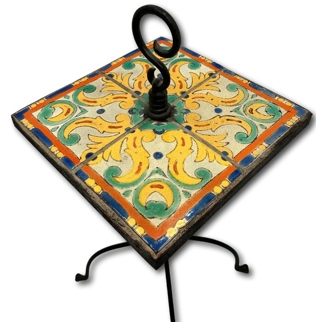 Rare Vintage 1920s California Catalina Island Art Pottery Tile & Hand Wrought Iron Patio Stand - AccentTable For Sale - Image 10 of 18