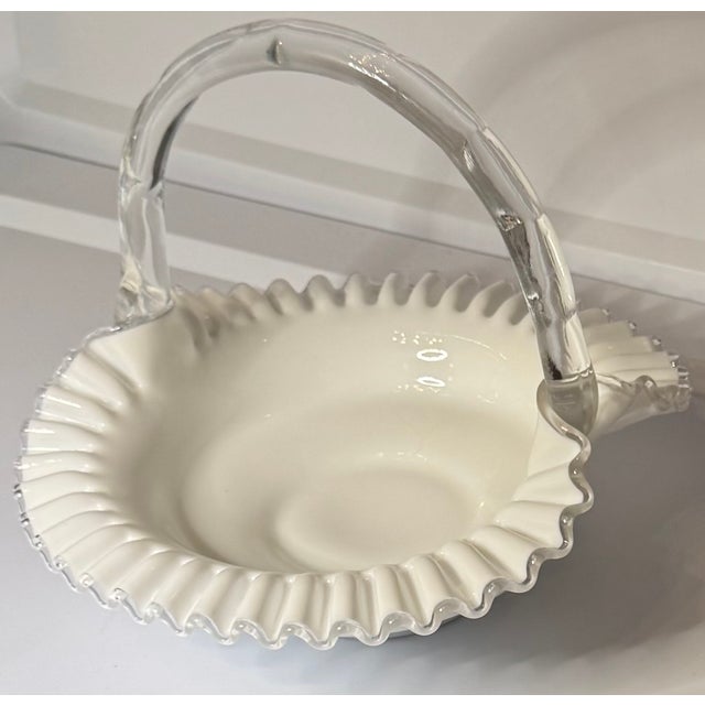 Vintage Fenton Silver Crest Milk Glass Handled Basket – Ruffled Edge Brides Basket (1970s) For Sale - Image 9 of 10