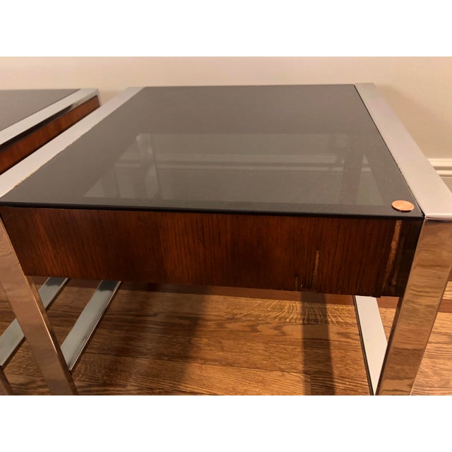 MidCentury Modern Chrome Glass and Wood Veneer Side Tables a Pair