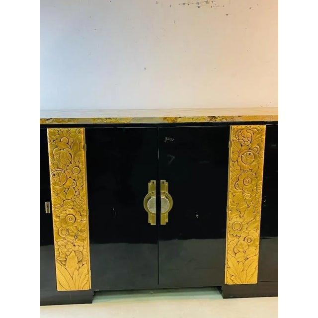 1930s Masterful Gold Leaf Wood Stylized Floral Panel Flanked 1930s French Art Deco Buffet Attributed to Sue Et Mare For Sale - Image 5 of 10