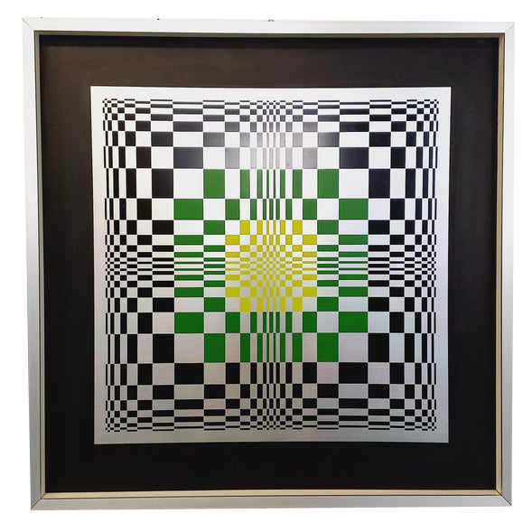 Italian Screen Printed Kinetic Checkerboard on Aluminum in the style of Vasarely, 1970s For Sale