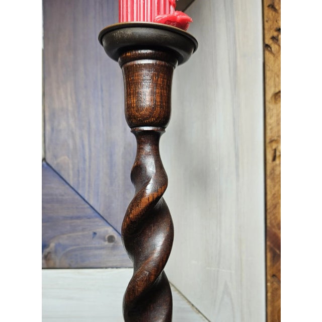 Pair of Antique English Oak Barley Twist Candlesticks For Sale - Image 10 of 14