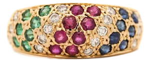 1.21 Carat Ruby Sapphire Emerald Diamond 18k Gold Multi Gem Cluster Dome Ring, Size 7