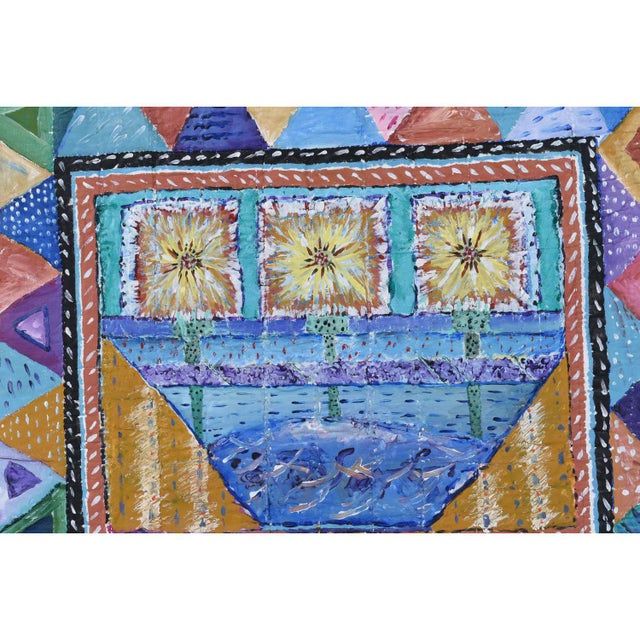 Late 20th Century Contemporary Painted Quilted Textile Art on Canvas in Cerused Frame For Sale - Image 5 of 12