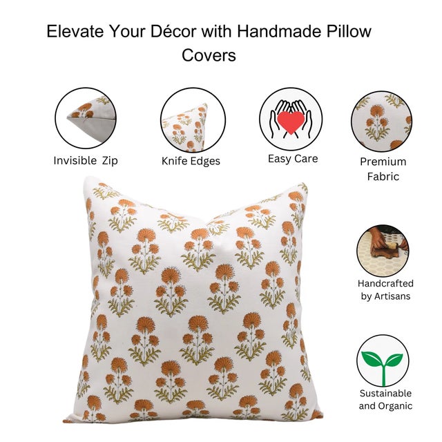 Fabdivine Handcrafted Block Print Cushion Cover 16x16 Inch Thick Cotton White-Rishi For Sale - Image 4 of 4