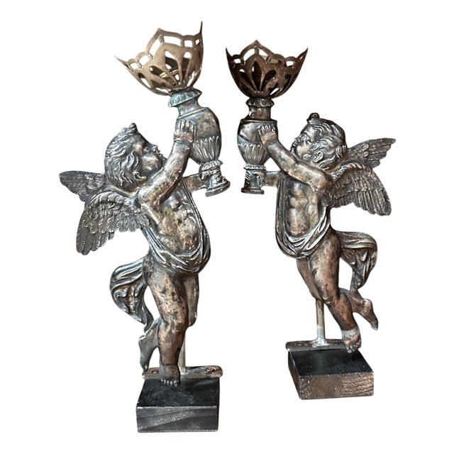 Cherubs Holding Lights, 1800s, Set of 2 For Sale