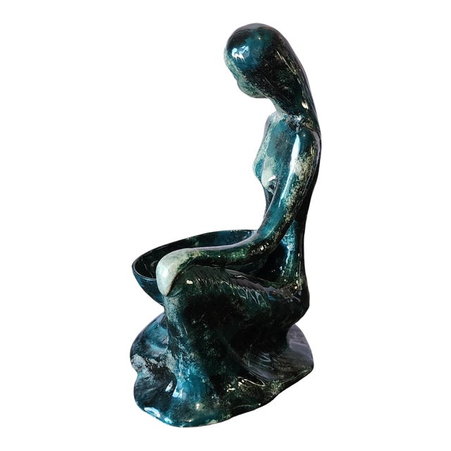 Vintage Mid Century Modern Green Glazed Figurine of a Woman With Bowl C,1950s For Sale
