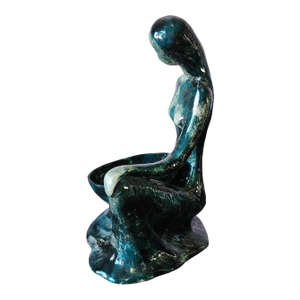 Vintage Mid Century Modern Green Glazed Figurine of a Woman With Bowl C,1950s