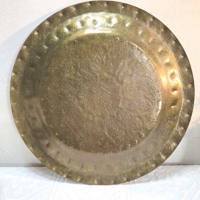 Metal Large Vintage Brass Lotus Tray, 15.5-Inch Embossed Floral Medallion Plate South Asian Indian For Sale - Image 7 of 8