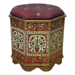 Vintage Middle Eastern Meenakari Hammered Tin Footstool Ottoman For Sale