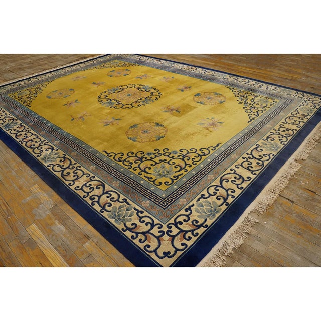 Chinese 1920s Yellow Classic Greek Key Medallion Antique Chinese Peking Carpet 9'' X 12' For Sale - Image 3 of 10