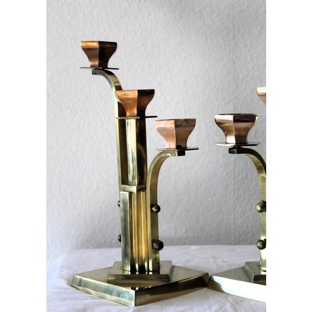 Art Deco 3-Armed Candlesticks in Brass, 1920s, Set of 2 For Sale - Image 10 of 14