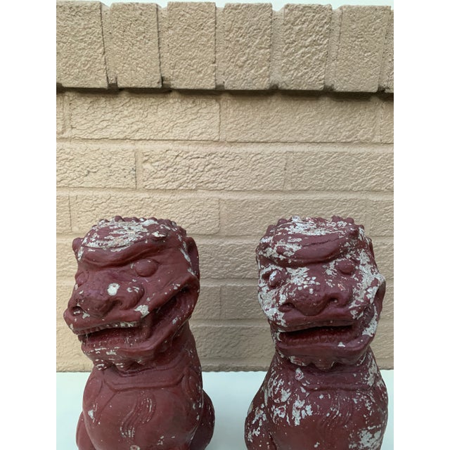 Early 20th Century Antique Chinoiserie Cast Stone Foo Dogs With Timeworn Painted Finish, Pair For Sale - Image 5 of 9