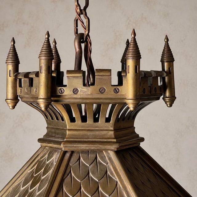 1930s Gothic Revival Bronze Hanging Lantern with Castellated Crown, 1930s For Sale - Image 5 of 12