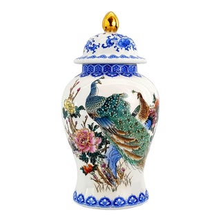 Vintage Chinese Porcelain Blue & White Ginger Jar or Temple Jar With a Pair of Peacocks Painting on Front and on Back For Sale