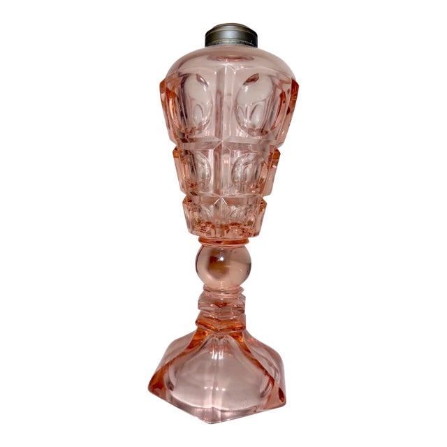 Antique 19th Century Westmoreland Coinspot Pink Glass Brass Whale Table Oil Lamp For Sale