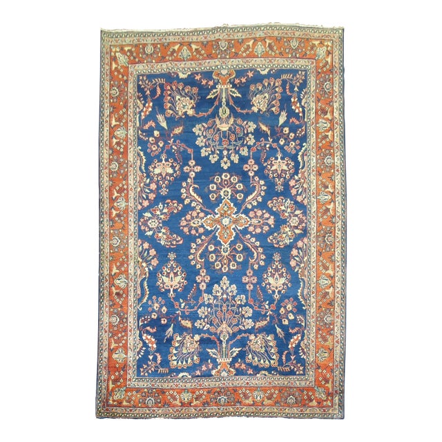 Antique Zabihi Collection Royal Blue Mohajeran Persian Sarouk Rug - 7'1" x 10'6" For Sale