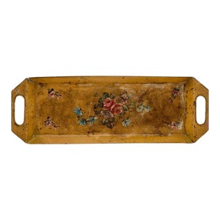 19th Century French Tole Tray with Hand-Painted Floral Decor and Beveled Edges For Sale