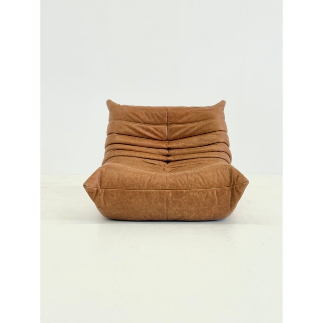 Mid-Century Modern Togo Armchair with Ottoman in Cognac Leather by Michel Ducaroy for Ligne Roset, 2000s, Set of 2 For Sale - Image 3 of 14