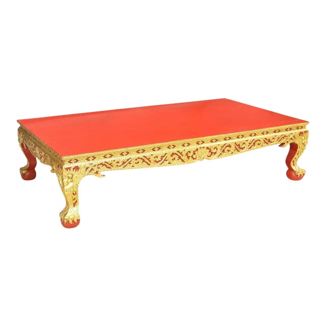 Vintage Thai Parcel Gilt and Red Lacquered Large Low Table For Sale