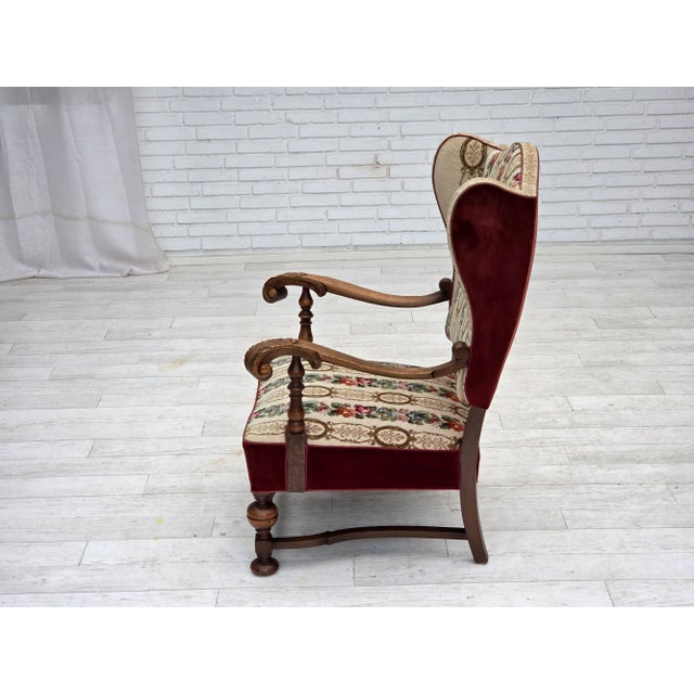 Danish Wingback Armchair in Wool, Velour and Ash Wood, 1950s For Sale - Image 12 of 18