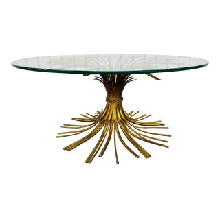 Vintage Hollywood Regency Gold Gilt Wheat Glass Top Coffee Table For Sale
