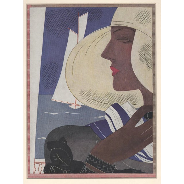 1930s Matted French Art Deco Print-Woman & Sail Boat For Sale - Image 5 of 5
