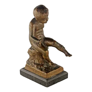 Early 20th Century French Bronze Sculpture With Marble Base of a Sitting Boy