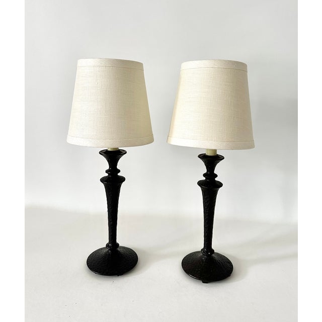 Arts & Crafts Small Dark Patinated Brass or Bronze Giacometti Style Table Lamps - Pair For Sale - Image 3 of 14