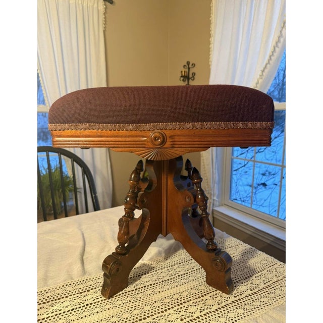 Burgundy Antique 1800s Needlepoint Upholstery Piano Stool Swivel Seat Rare Carved Wood For Sale - Image 8 of 12