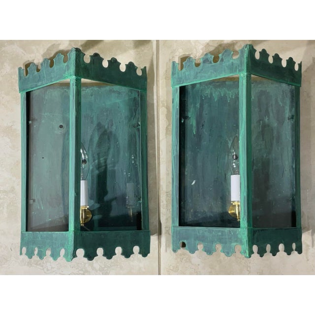 Pair of Artistic Vintage Patinated Metal Wall Lantern Sconces For Sale - Image 9 of 16