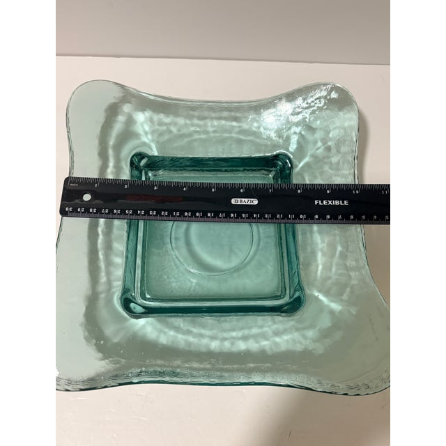 Mid-Century Modern Pair of Heavy Aqua Art Glass Sculptural Square Plates For Sale - Image 3 of 4