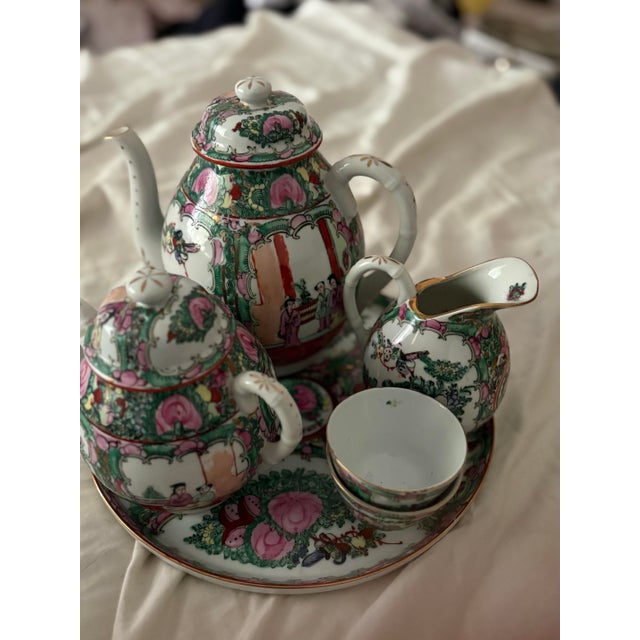 1950s Vintage Porcelain Rose Medallion Coffee Tea Service Set of 6 For Sale - Image 5 of 11